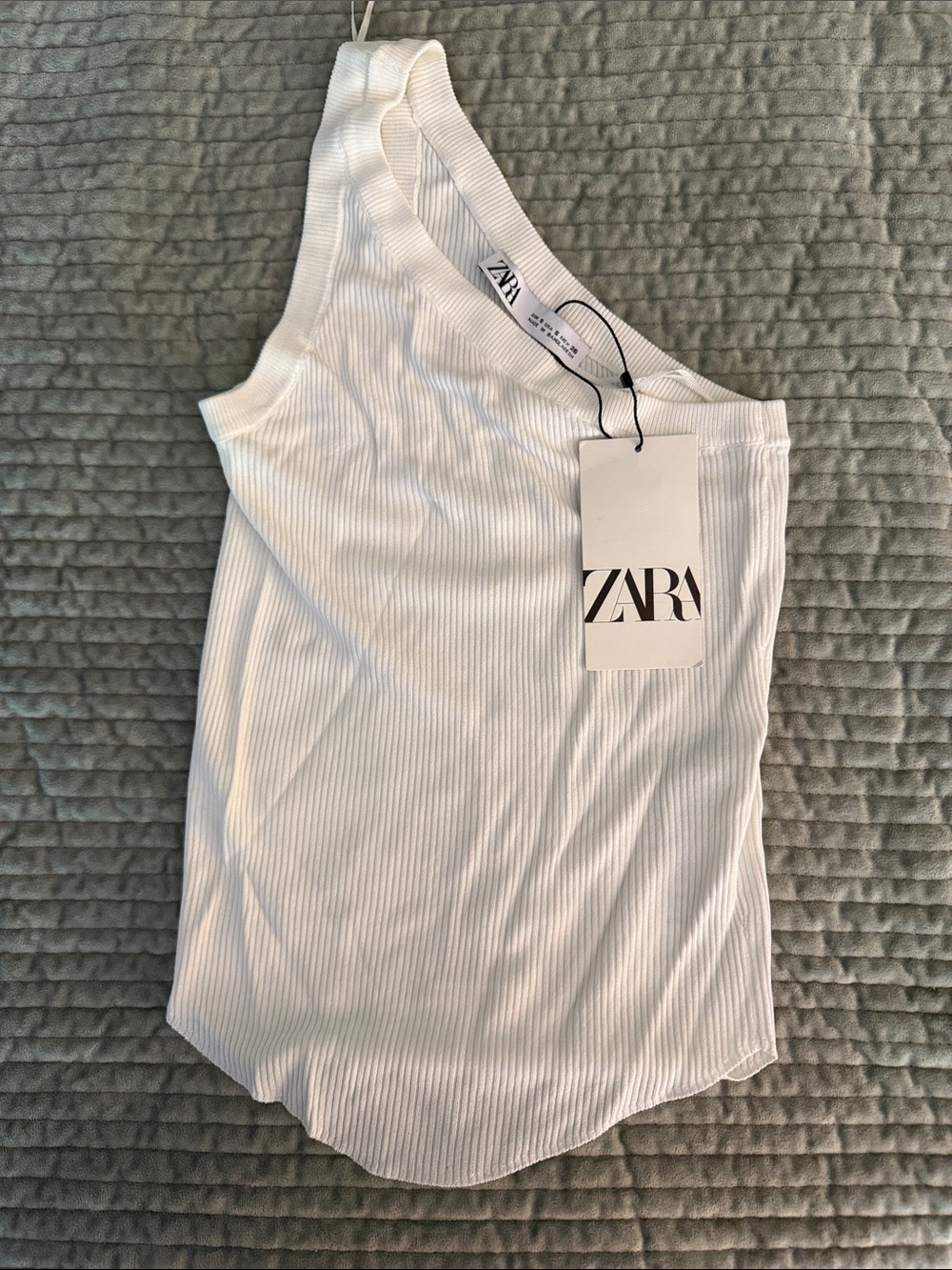 ZARA White Ribbed One-Shoulder Tank Top